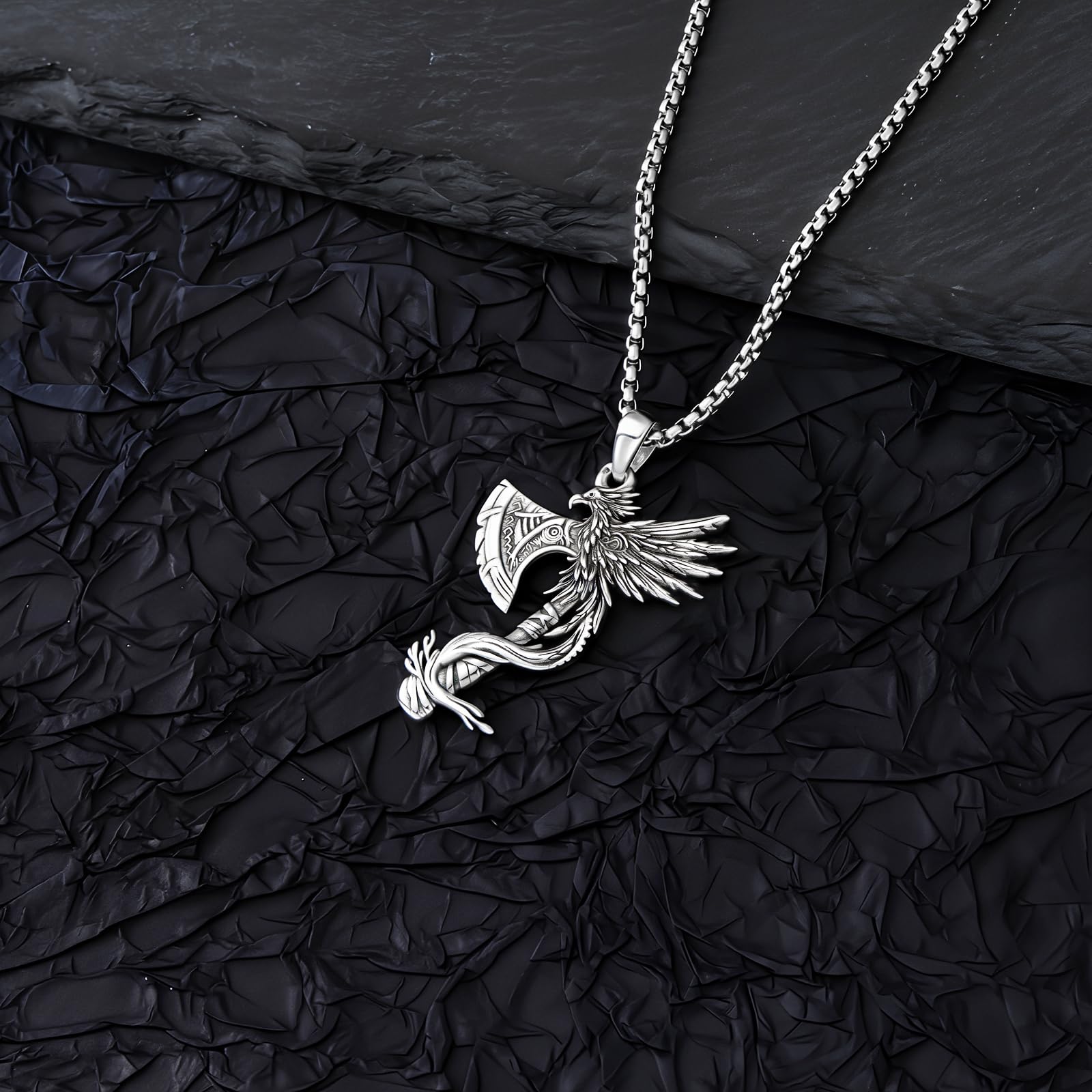 PELOVNY Phoenix Necklace 925 Sterling Silver Shield/Sword/Crystal/Tarot Card/Dog Tag/Cross/Abalone/Axe Pendant Rising Bird Jewelry for Anniversary Birthday Christmas Gifts Men Women