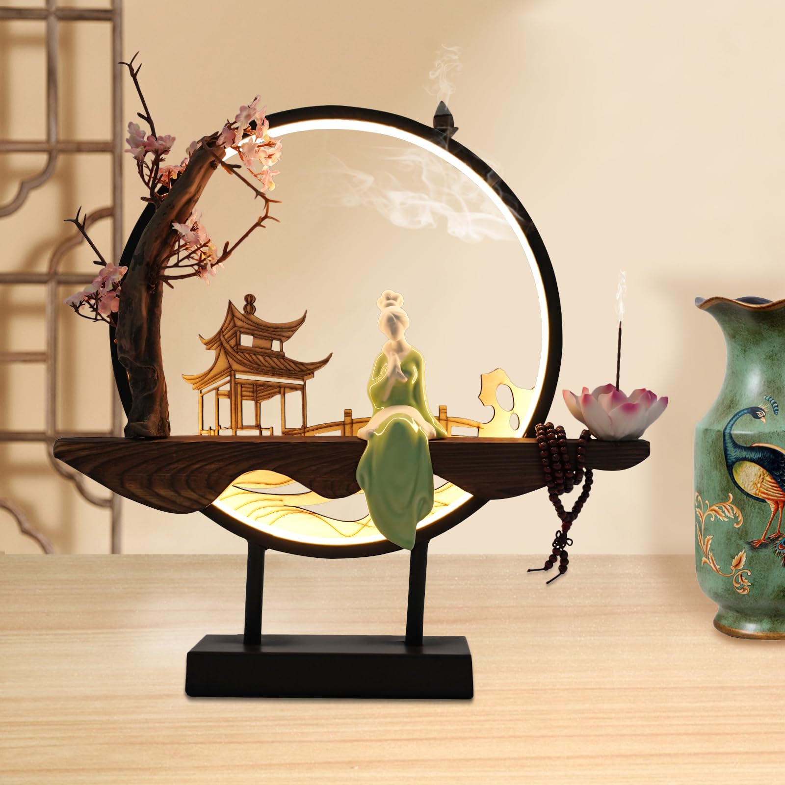 Backflow Incense Holder, Ceramic Incense Burner with Adjustable LED Light, Chinese Style Ornament Incense Holders with Backflow for Relaxing and Home Decor