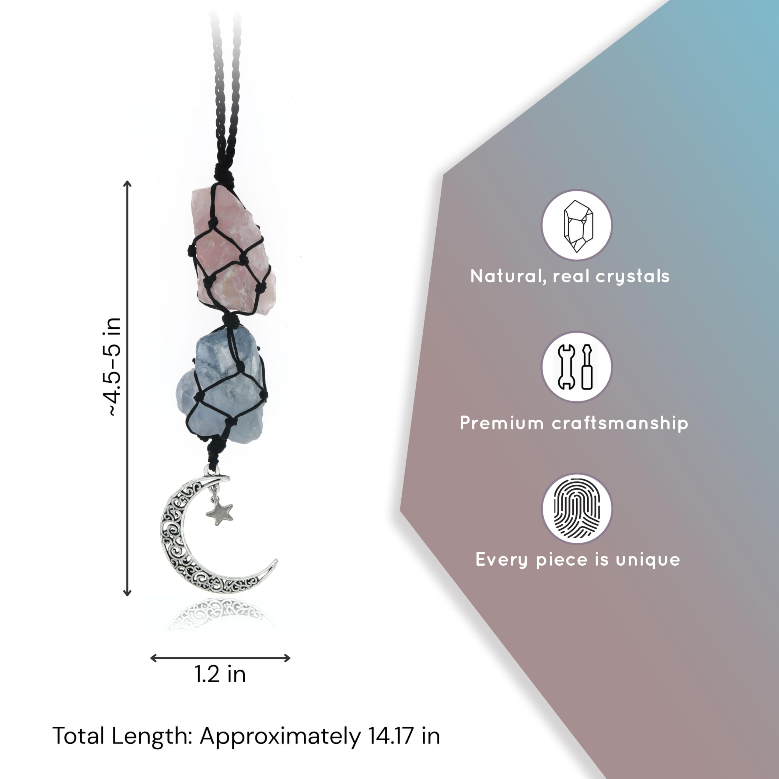 BOHO GARDEN Crystal Hanging Car Charm - Purple Rear View Mirror Hanging Car Accessories for Women, Moon Decor Hanging Ornament, Witchy Gifts and Healing Stones - Rose Quartz & Amethyst