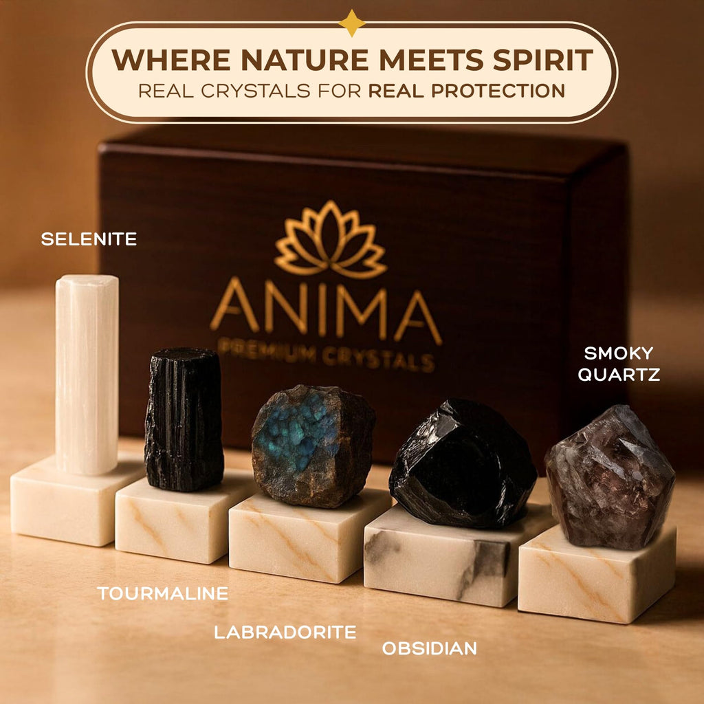 Anima Premium Protection Healing Crystals Set for Energy Shielding - Large Raw Obsidian, Black Tourmaline, Labradorite, Smoky Quartz & Selenite Bar - Wooden Gift Box and Guide Booklet Included