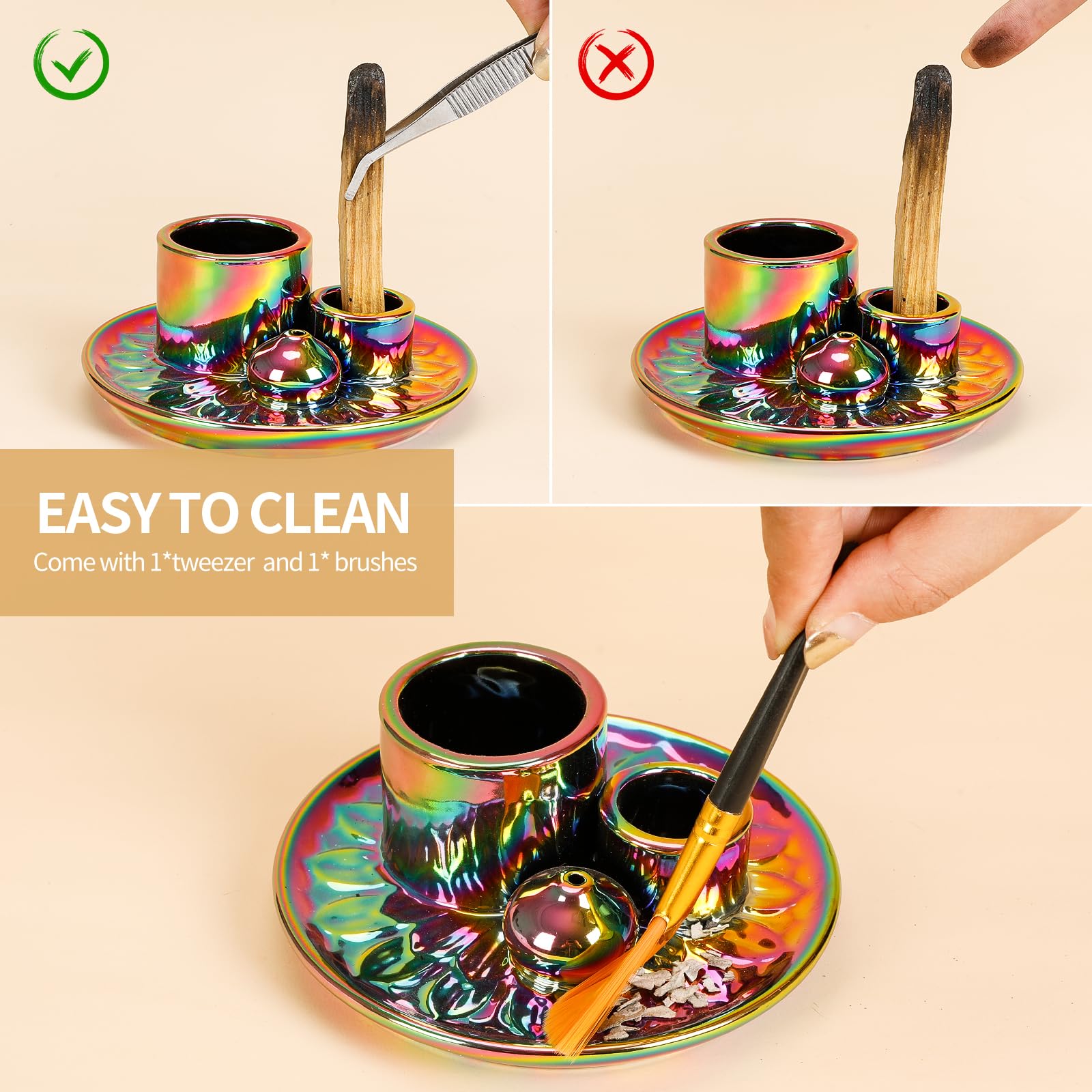 Handmade Ceramic Incense Burner for Palo Santo Incense Sticks, 4 in 1 Multi-Purpose Sage Holder for Burning, Ash Catcher Tray for Meditation Yoga Room (Golden)