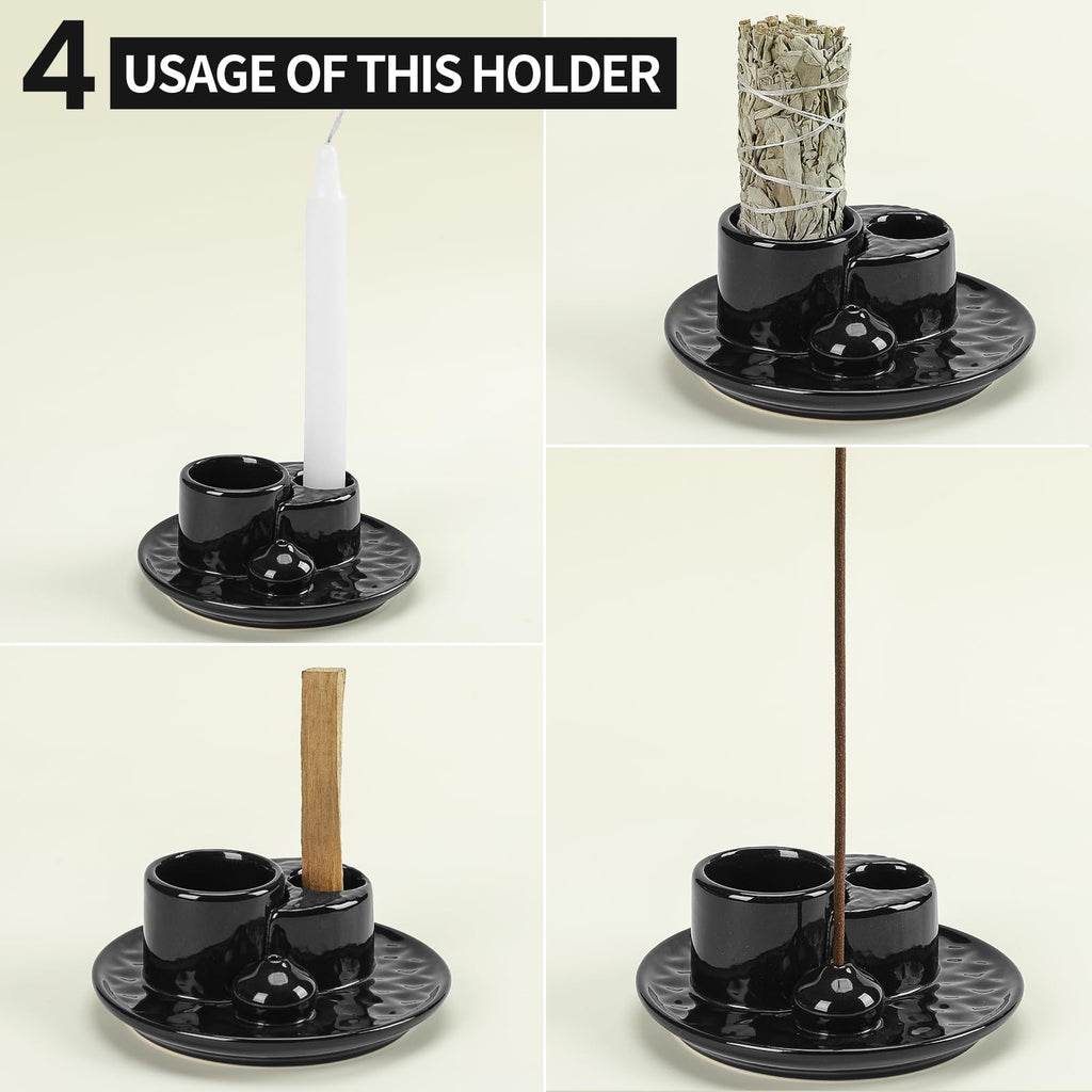 Handmade Ceramic Incense Burner for Palo Santo Incense Sticks, 4 in 1 Multi-Purpose Sage Holder for Burning, Ash Catcher Tray for Meditation Yoga Room (Golden)