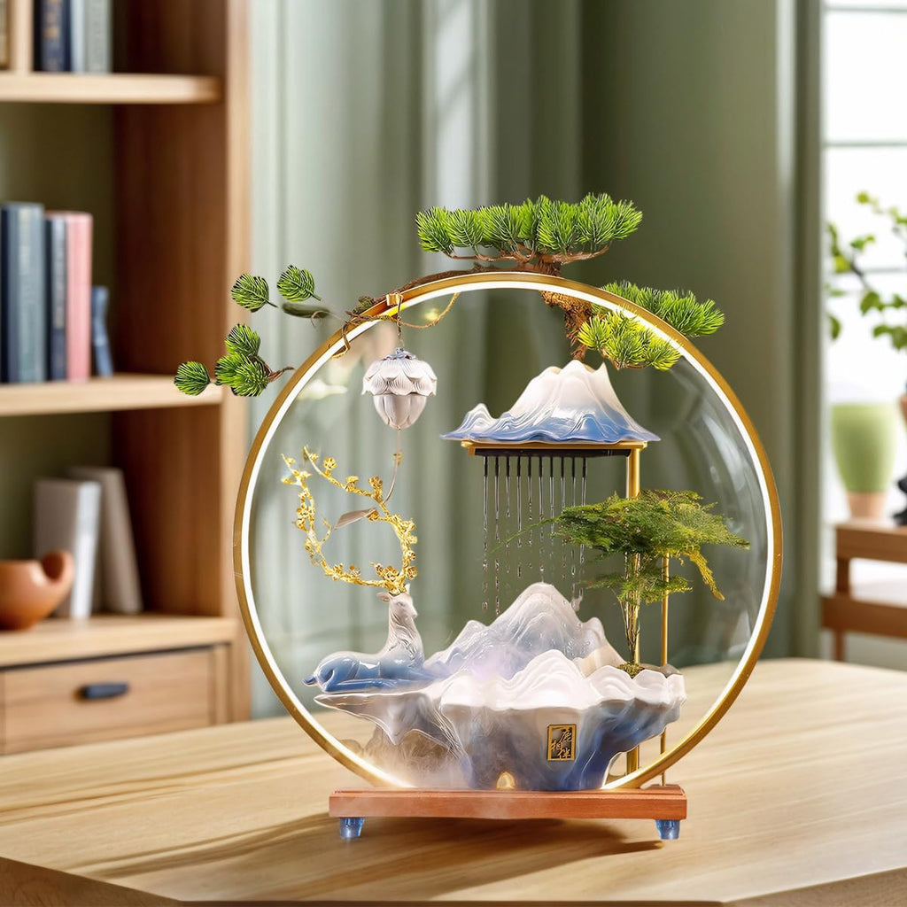 Waterfall Fountain Indoor with Mist, Tabletop Water Fountain,Desk Chinese Ceramic Pixiu Statue with LED Light Ring and Backflow Incense Burner Holder