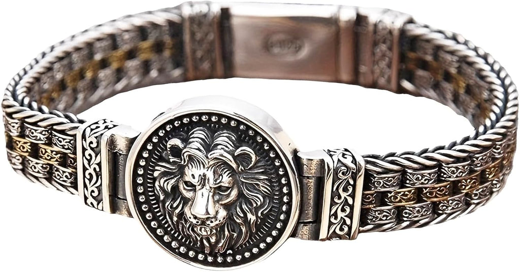 Italian Handmade Sterling Silver Mens Bracelets | Solid S925 Chain Bracelets | Men's Silver Bracelet Gift for Dad, Boyfriend, Son, My Man (8.6'' Lion Circular Vintage)