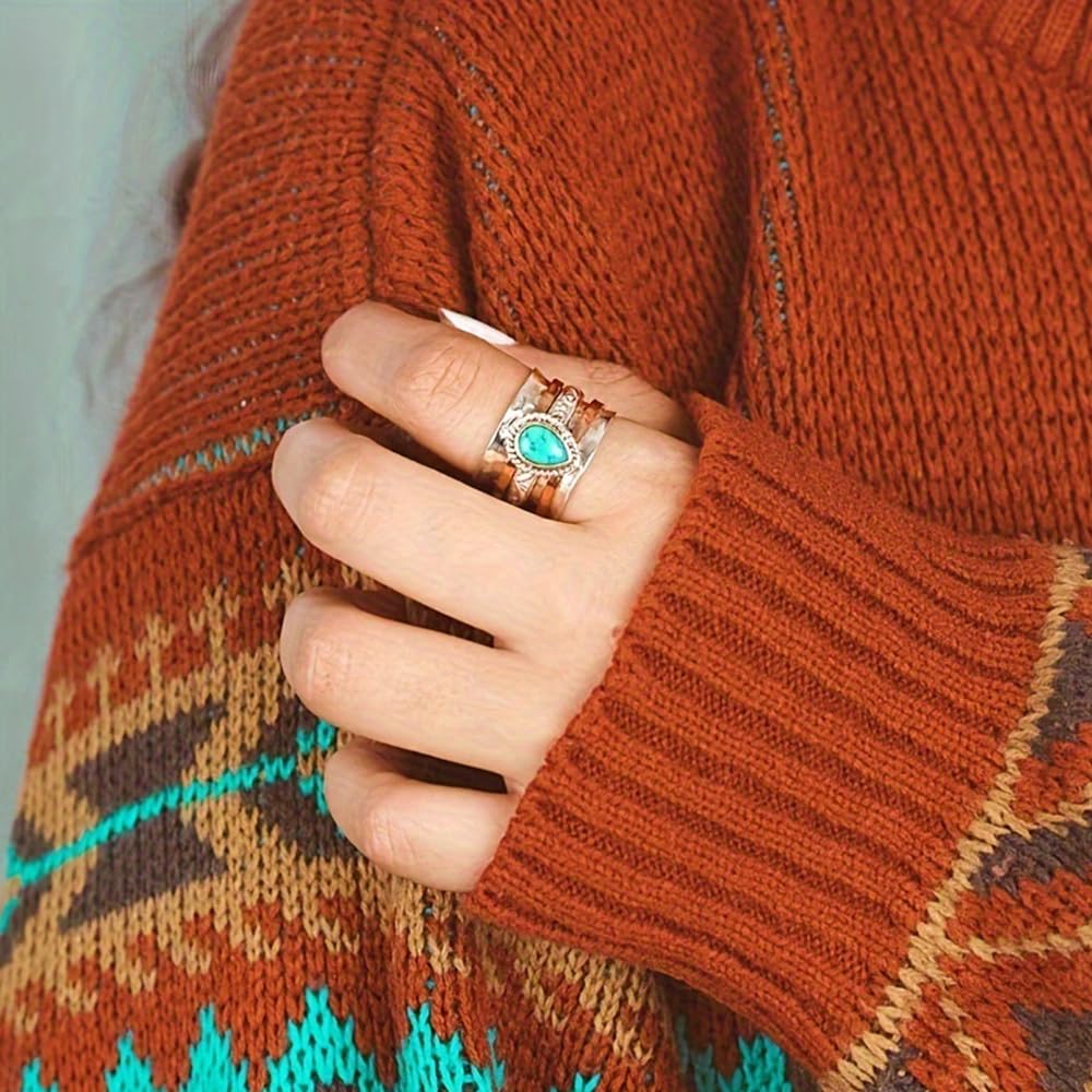 LadayPoa Western Turquoise Ring for Women. Retro 925 Silver Vintage Jewelry. Blue Oval Stone Statement Rings Boho Fashion-Inspired Ring for Classic