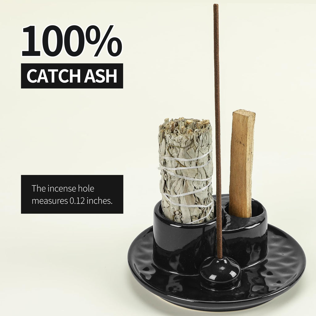 Handmade Ceramic Incense Burner for Palo Santo Incense Sticks, 4 in 1 Multi-Purpose Sage Holder for Burning, Ash Catcher Tray for Meditation Yoga Room (Golden)