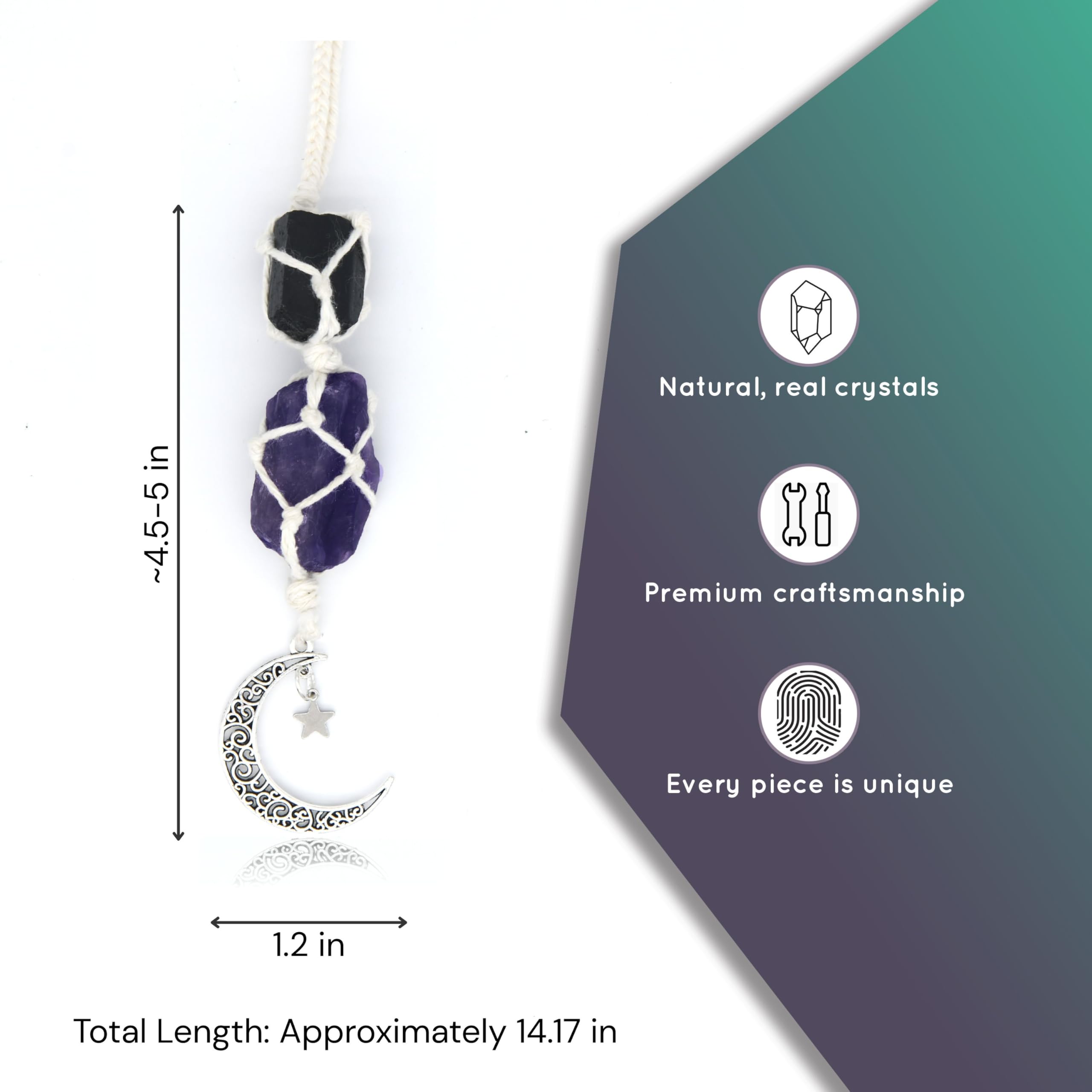 BOHO GARDEN Crystal Hanging Car Charm - Purple Rear View Mirror Hanging Car Accessories for Women, Moon Decor Hanging Ornament, Witchy Gifts and Healing Stones - Rose Quartz & Amethyst