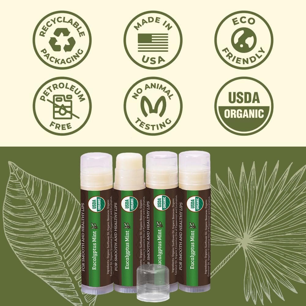 Earth's Daughter USDA Organic Lip Balm 6-Pack - Fruit Flavors, Beeswax, Coconut Oil, Vitamin E - Best Lip Repair Chapstick for Dry Cracked Lips - Moisturizing Lip Care