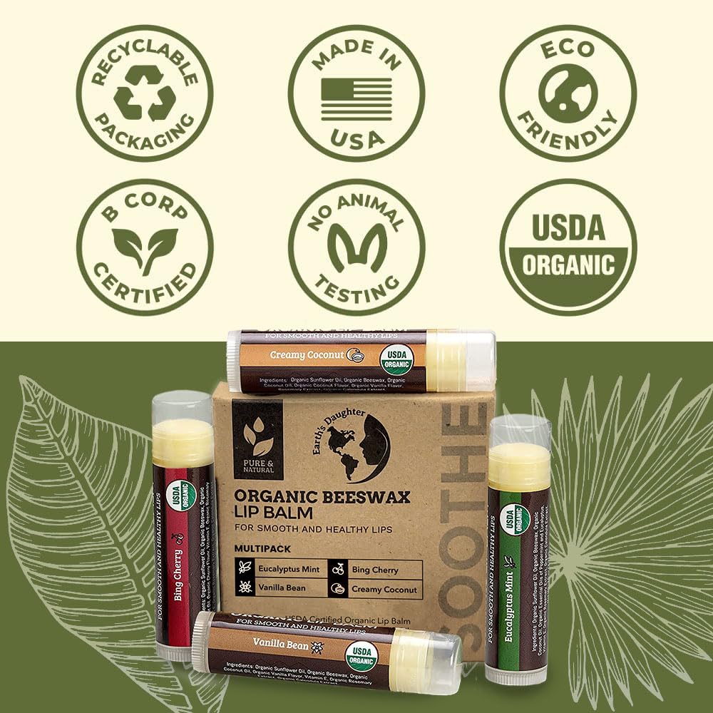 Earth's Daughter USDA Organic Lip Balm 6-Pack - Fruit Flavors, Beeswax, Coconut Oil, Vitamin E - Best Lip Repair Chapstick for Dry Cracked Lips - Moisturizing Lip Care