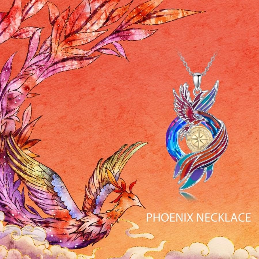 PELOVNY Phoenix Necklace 925 Sterling Silver Shield/Sword/Crystal/Tarot Card/Dog Tag/Cross/Abalone/Axe Pendant Rising Bird Jewelry for Anniversary Birthday Christmas Gifts Men Women