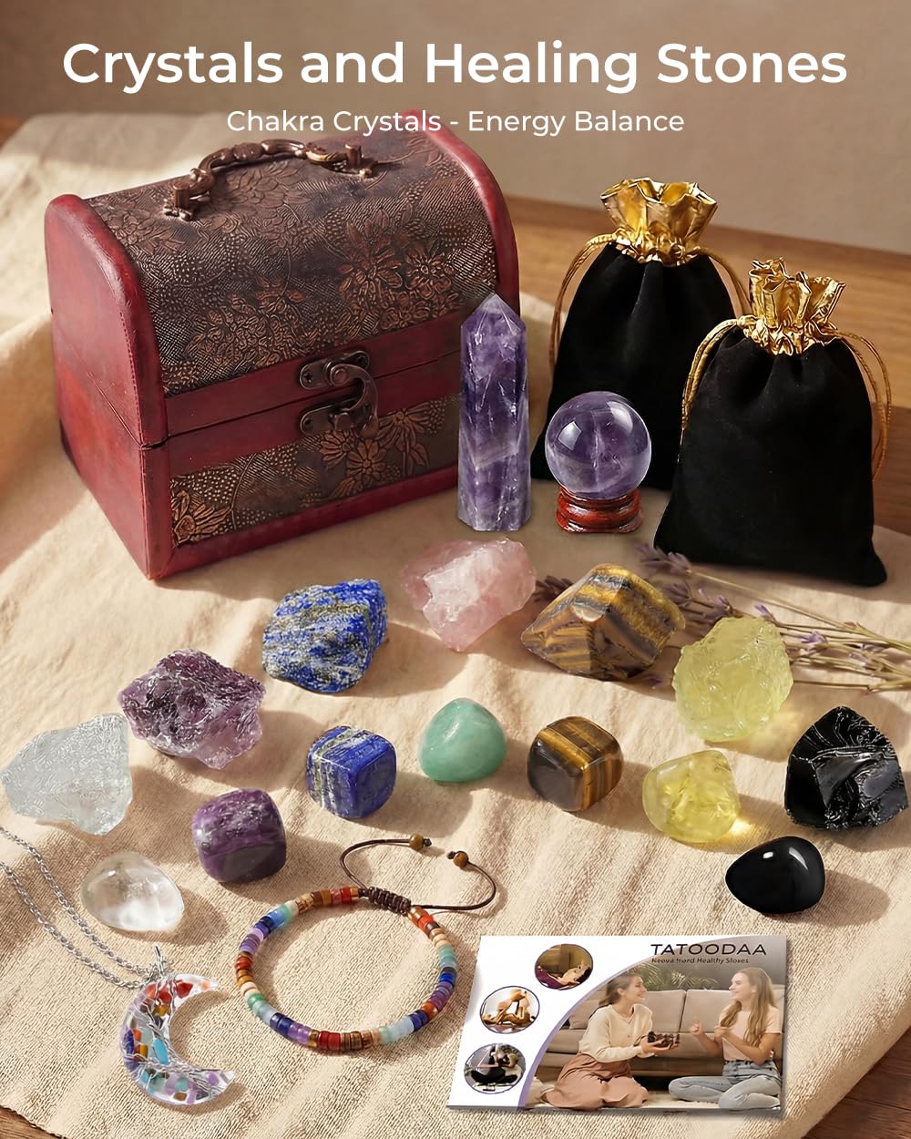 Crystals and Healing Stones, 9 Pcs Healing Crystals Set, 7 Chakra Crystal Stones Set Real Natural Selenite Pyramid Reiki Raw Rock Energy Protection Meditation with Wooden Box, Crystal Gifts for Women