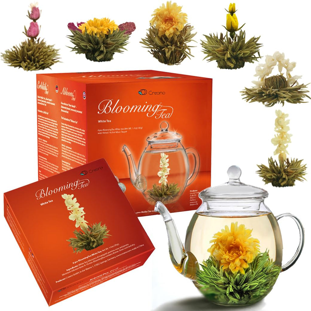 Creano Blooming Tea Gift Set with Glass Teapot 17oz (500ml) - Green Tea Fruity Flavoured Tea Flowers in 6 Varieties - Flowering Tea Gift for Easter