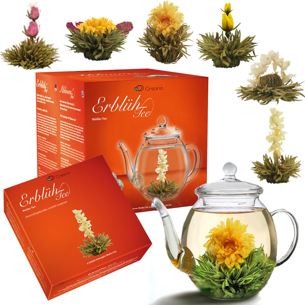 Creano Blooming Tea Gift Set with Glass Teapot 17oz (500ml) - Green Tea Fruity Flavoured Tea Flowers in 6 Varieties - Flowering Tea Gift for Easter