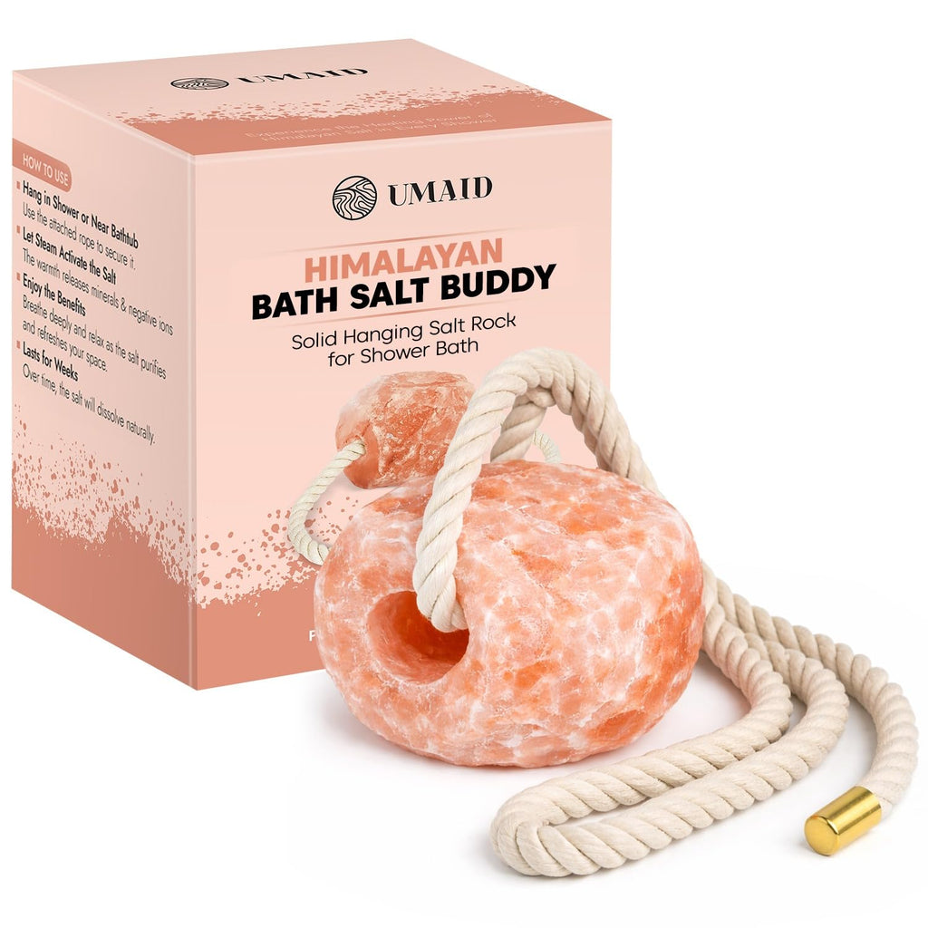 UMAID Himalayan Bath Salt Buddy™ 2 lb – Hanging Mineral Salt Rock for Shower & Bath, Solid Pink Himalayan Stone for Natural Steam, Relaxation & Spa-Like Self-Care, Unique Gift for Men & Women