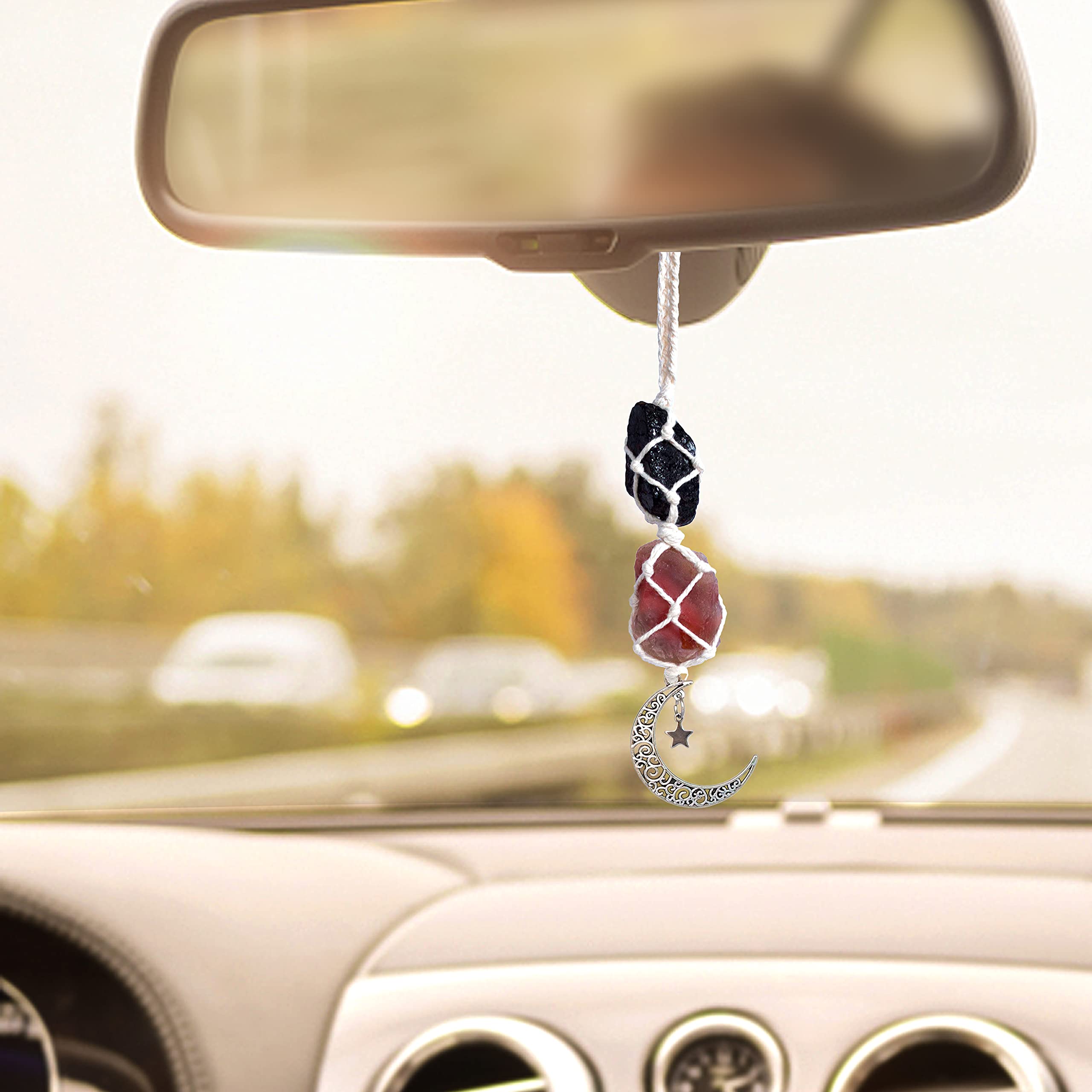 BOHO GARDEN Crystal Hanging Car Charm - Purple Rear View Mirror Hanging Car Accessories for Women, Moon Decor Hanging Ornament, Witchy Gifts and Healing Stones - Rose Quartz & Amethyst