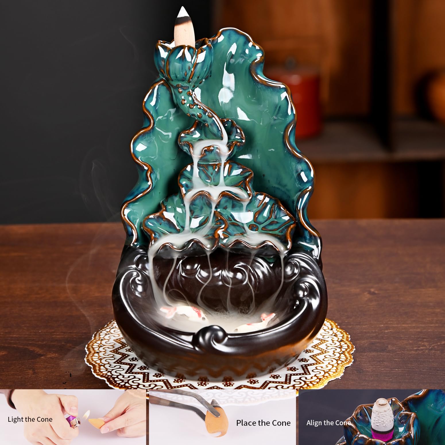 Mountain Waterfall Incense Burner，Backfall Incense Holder River, Incense Falls Meditation Decor for Room with Upgrade Incense Cones and Accessories (5in1 Palo Santo)