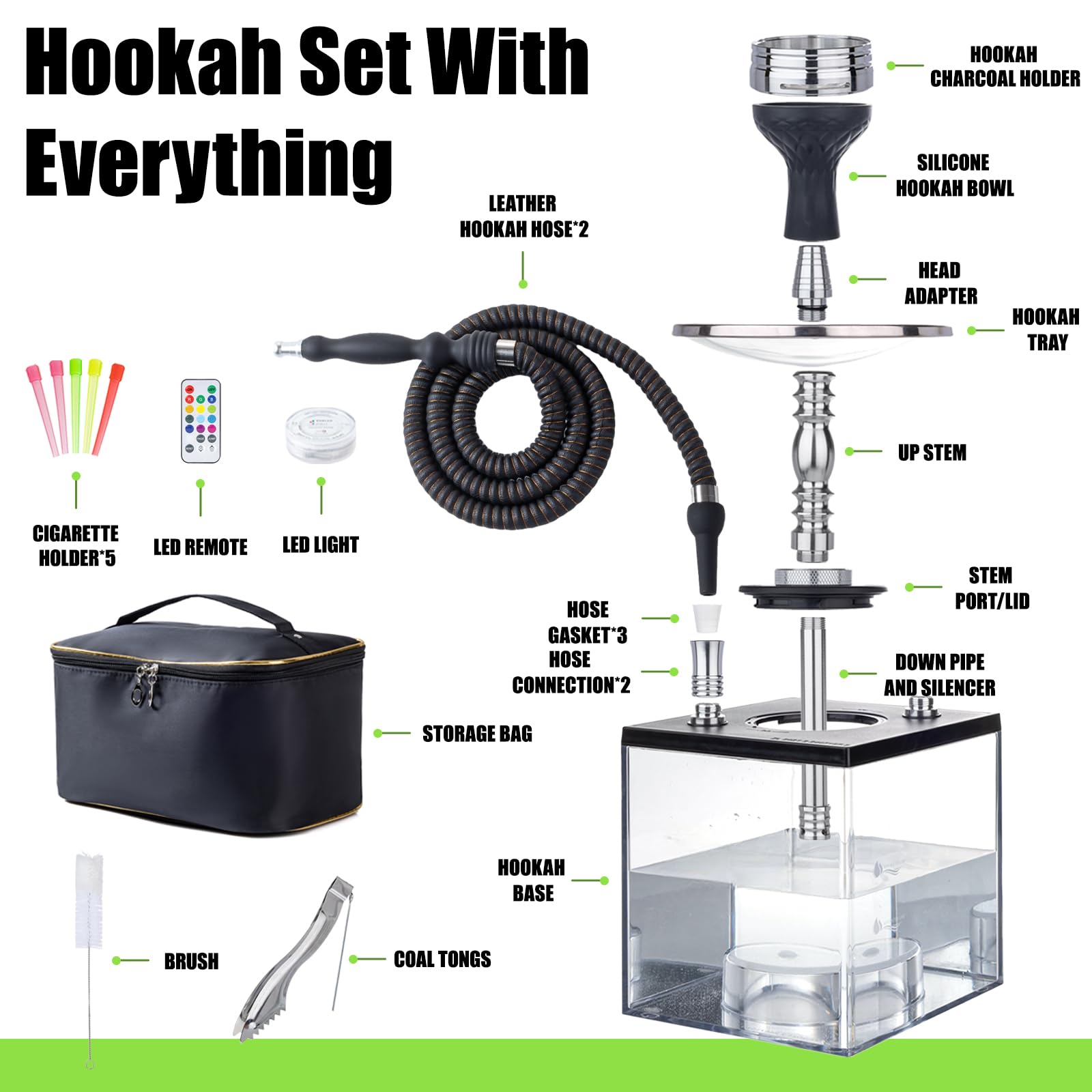 2 Hose Large Cloud Production Acrylic Hookah Set with Everything, Travel Kit with LED Hookah Machine for Shisha Smoking Experience（Black）