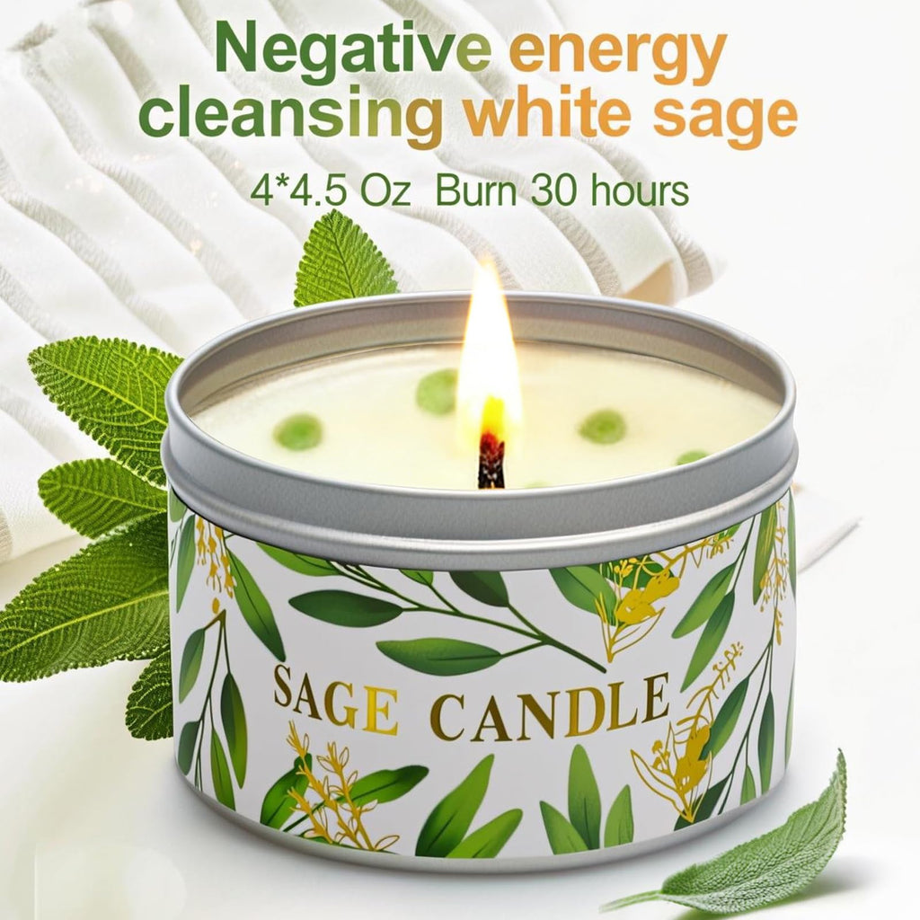 Sage Candle Gift Set, 4 Pack Natural Soy Wax White Sage Smudge Kit with Healing Crystals for House Cleansing Negative Energy, Spiritual Meditation & Aromatherapy, Ideal Mother's Day Housewarming Gifts