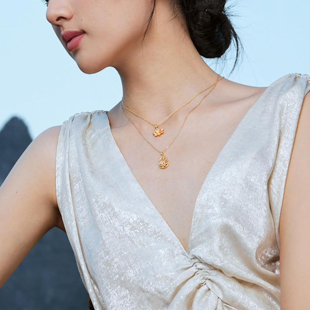 ZHOU LIU FU 24K Gold Pendant Gourd Pendants Fashion Lotus Flower Gold Pendant Dainty Jewelry for Women Mom Daughter Birthday Anniversary (Not Included Neccklace) A0414665