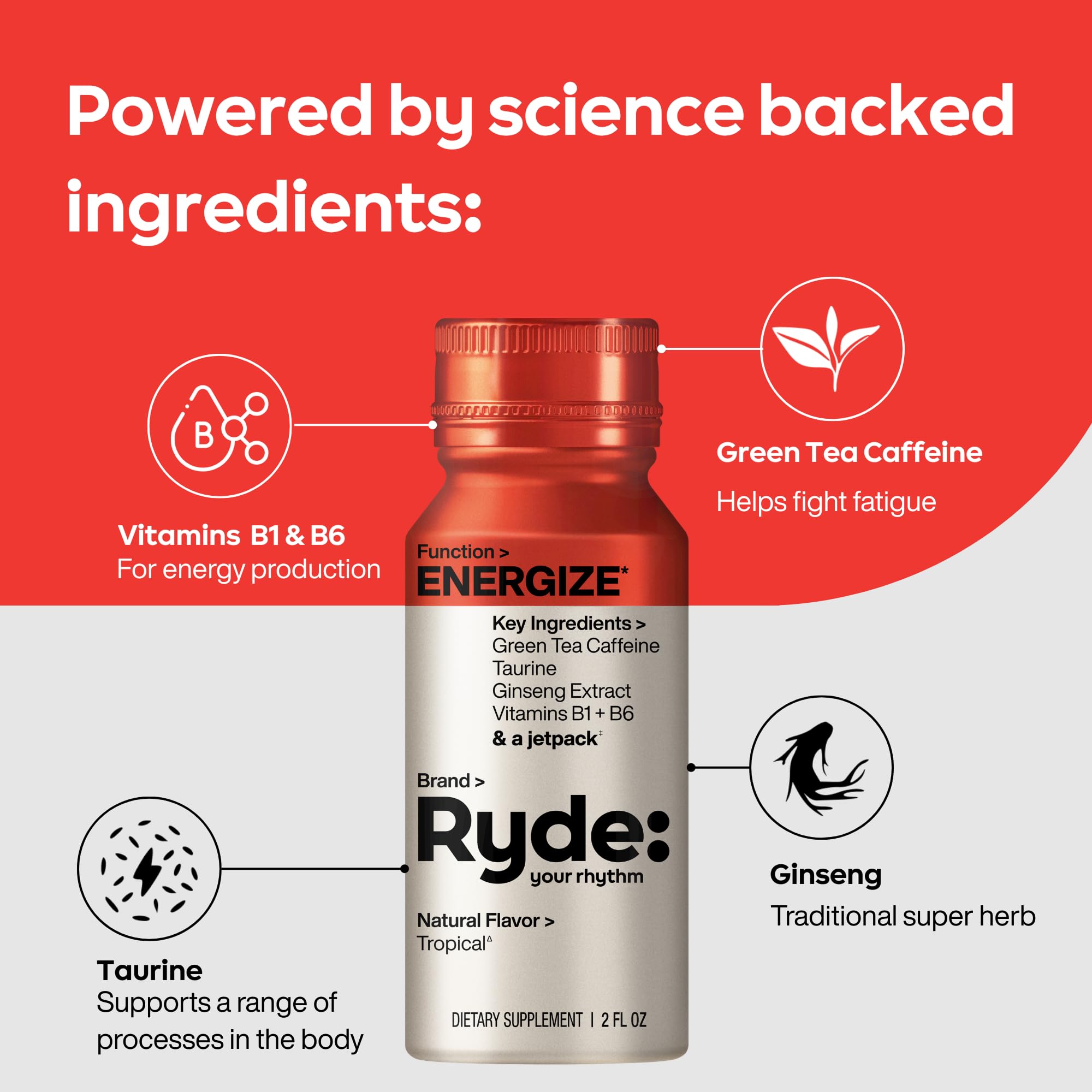 Ryde: Energize Shot | Tropical Flavor | Green Tea Caffeine, Taurine, Ginseng Extract & B Vitamins | 0 Calories, 0 Sugar | 2 FL OZ Shots | Boosts energy* (8 Pack)