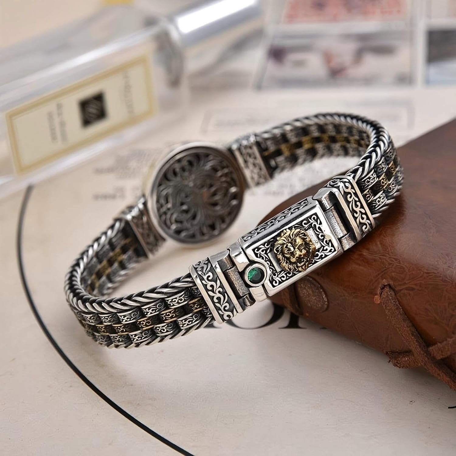 Italian Handmade Sterling Silver Mens Bracelets | Solid S925 Chain Bracelets | Men's Silver Bracelet Gift for Dad, Boyfriend, Son, My Man (8.6'' Lion Circular Vintage)