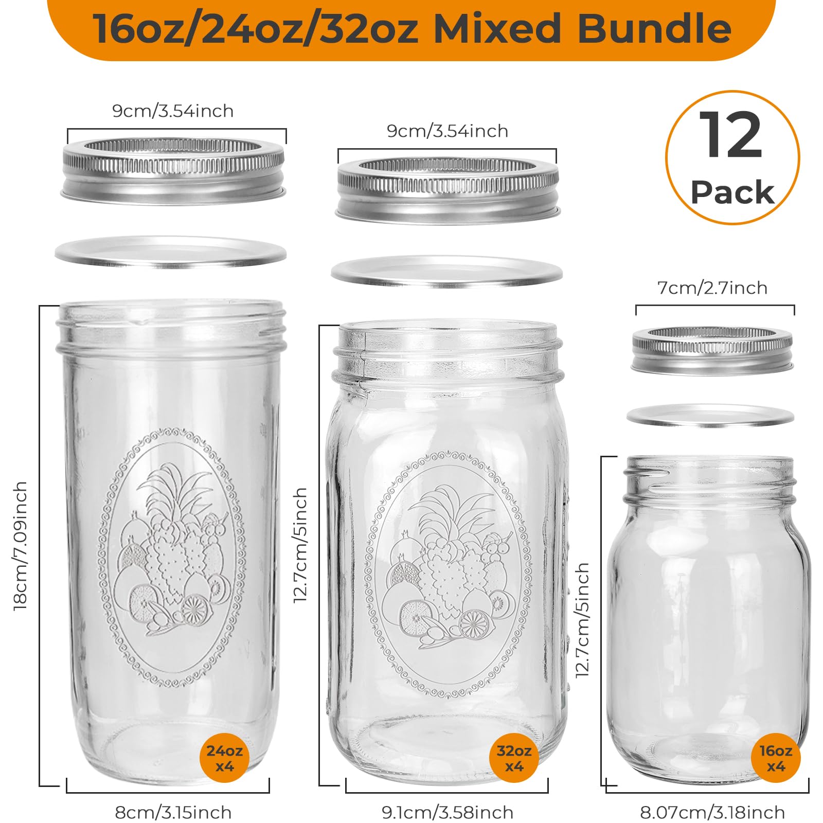 CycleMore 20 Pcs 12oz Glass Mason Jars With Silver Separable Lids, 350ml Round Canning Jars for Honey, Jam, Herb, Wedding Favor, Kitchen Storage Wide Mouth Bottles for Crafts, Meal Prep