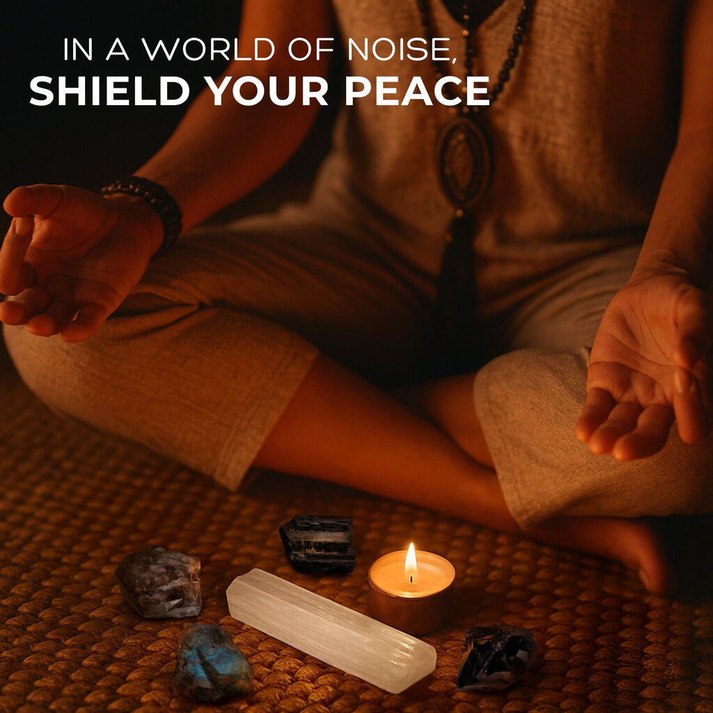 Anima Premium Protection Healing Crystals Set for Energy Shielding - Large Raw Obsidian, Black Tourmaline, Labradorite, Smoky Quartz & Selenite Bar - Wooden Gift Box and Guide Booklet Included