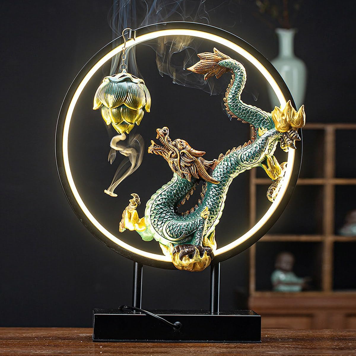 Chinese Ceramic Dragon Statue Backflow Incense Burner Sculpture with USB Power, LED Light Ring,Adjustable Brightness (BJL002)