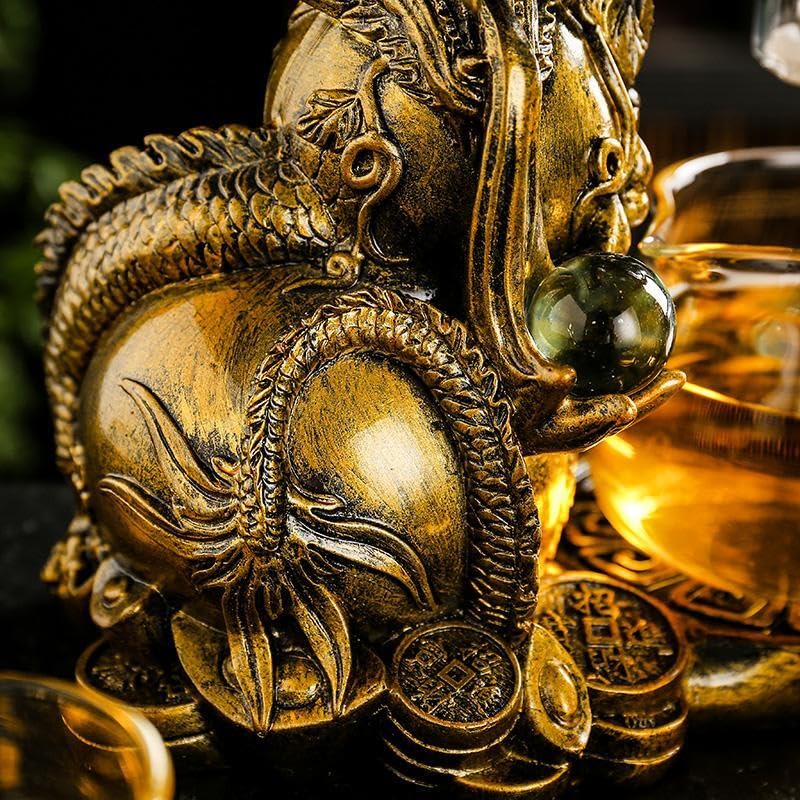 Glass Teapot Set with Infuser Semi Automatic Dragon Tea Set with 6 Small Cups (red golden dragon-b)