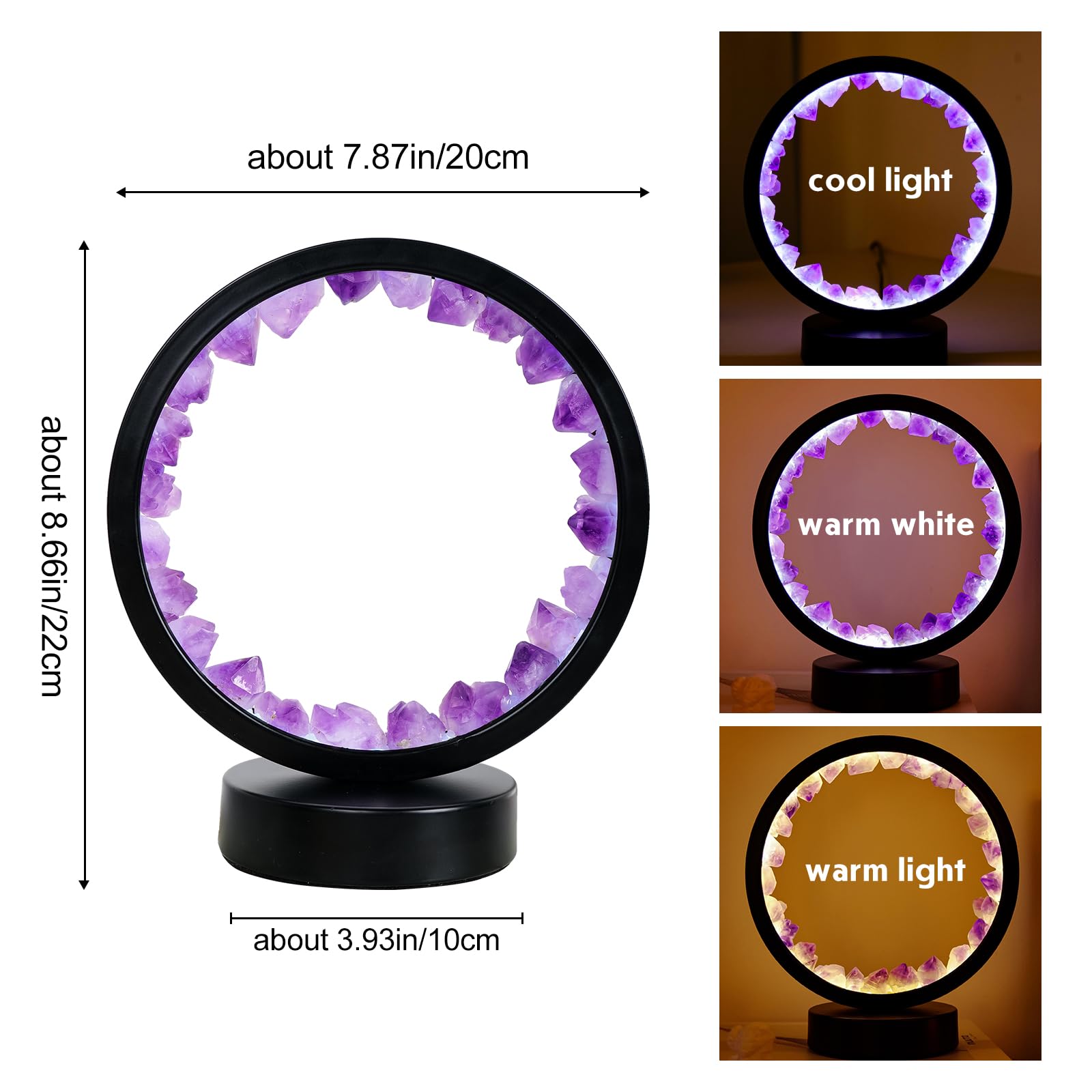 Runyangshi Amethyst Night Lamp 8.6" Natural Healing Crystal Bedside Lamp USB Port 3 Colours Dimming Mode Bedroom Lamp Suitable Night Light for Living Room Bedroom Office Home Decor Ideal Gift
