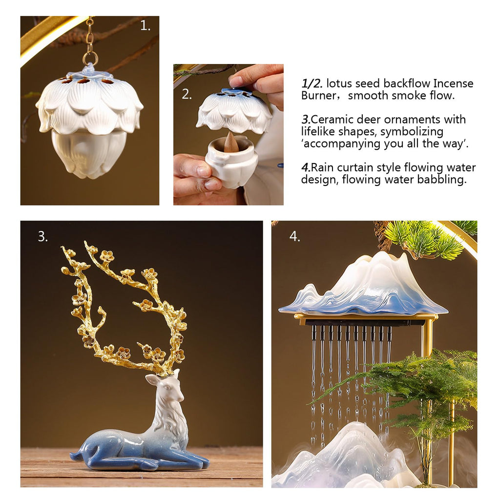 Waterfall Fountain Indoor with Mist, Tabletop Water Fountain,Desk Chinese Ceramic Pixiu Statue with LED Light Ring and Backflow Incense Burner Holder