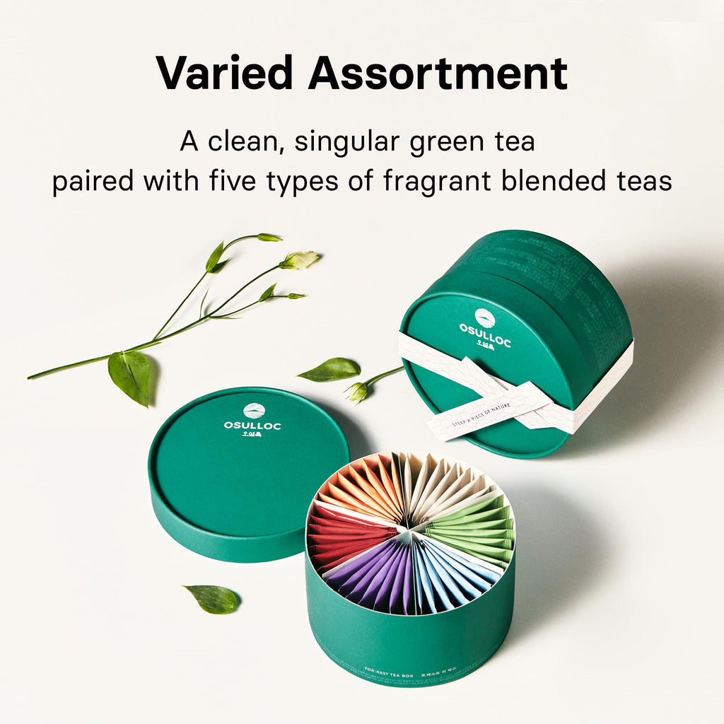 OSULLOC Premium Tea Collection (40 count, 10 flavors x 4 ea), Self Care Sampler Gift Box Variety Pack, Premium Organic Pure & Blended Tea from Jeju
