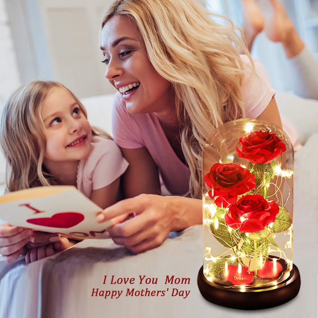 Valentine's Day Gifts for her, Eternal Rose in Glass Dome - Beauty and The Beast Inspired Keepsake, Gifts for Mom/Wife/Grandma, Preserved Roses with LED Light for Birthday/Anniversary