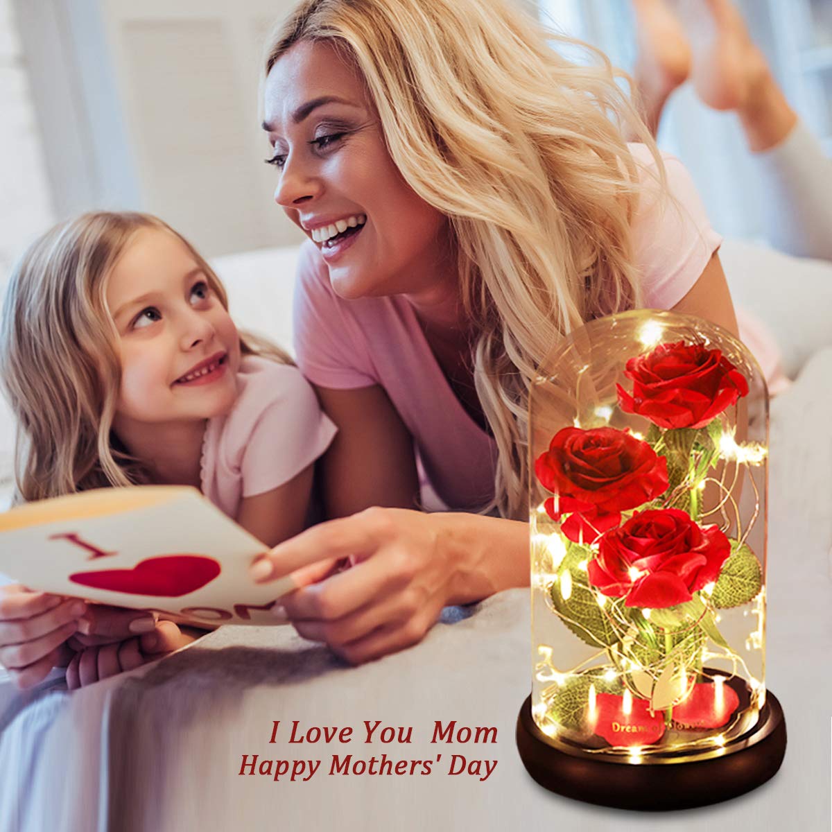 Valentine's Day Gifts for her, Eternal Rose in Glass Dome - Beauty and The Beast Inspired Keepsake, Gifts for Mom/Wife/Grandma, Preserved Roses with LED Light for Birthday/Anniversary