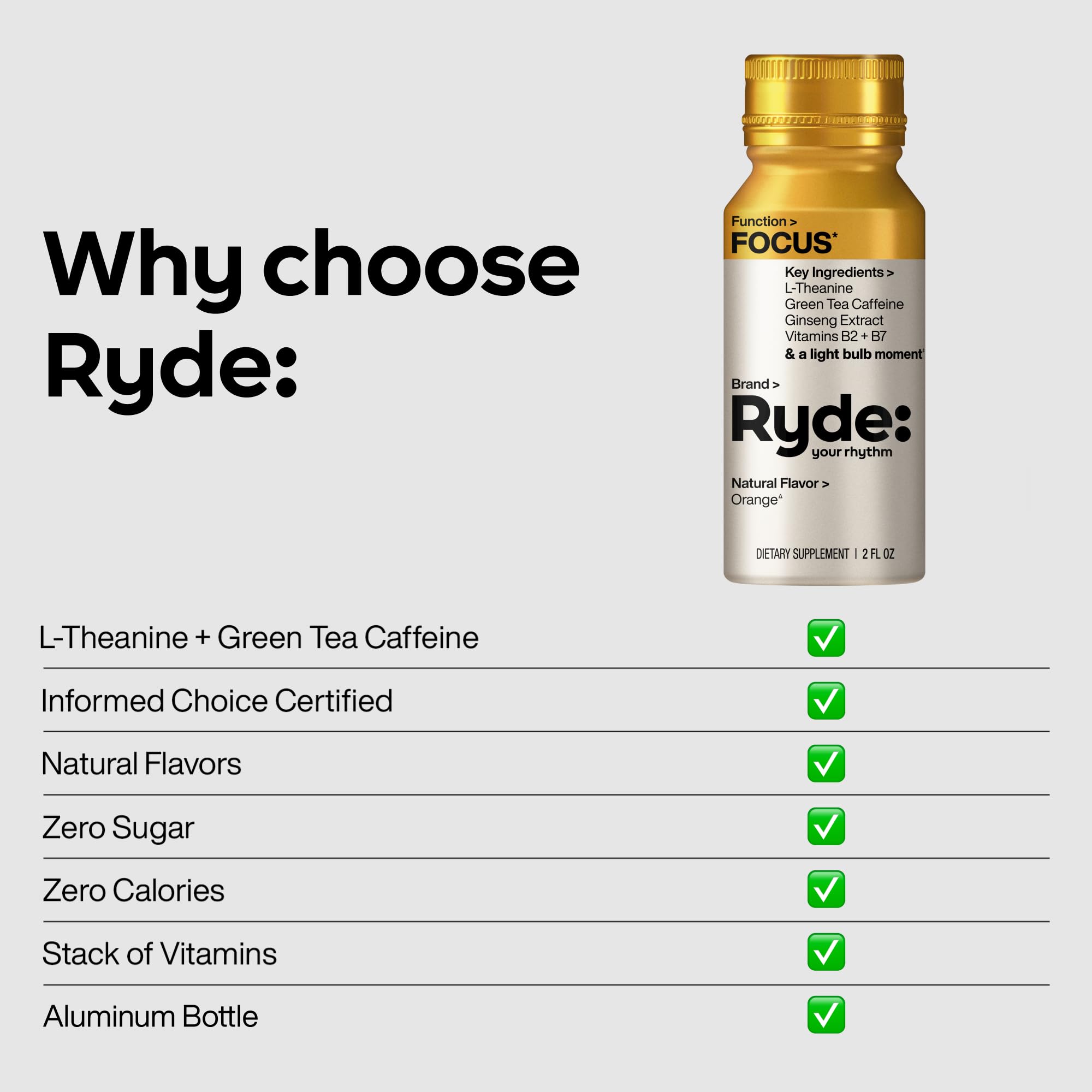 Ryde: Energize Shot | Tropical Flavor | Green Tea Caffeine, Taurine, Ginseng Extract & B Vitamins | 0 Calories, 0 Sugar | 2 FL OZ Shots | Boosts energy* (8 Pack)
