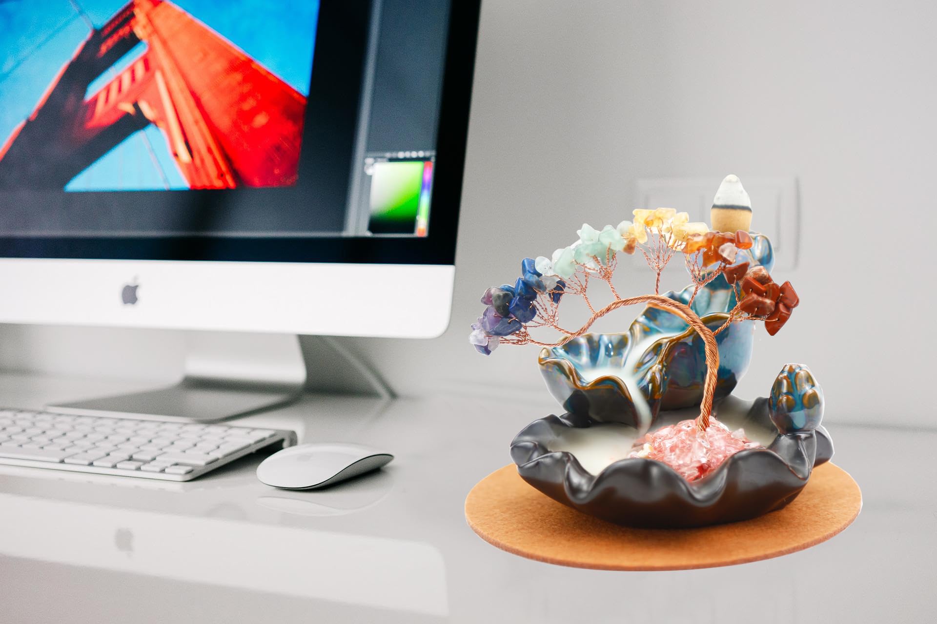 Waterfall Burner, Crystal Tree Backflow Incense Holder, with 30 Incense Cones, 30 Incense Stick, 1 Healing Crystal Necklace, Aromatherapy Anxiety Relief Items, Mom Gifts for Christmas