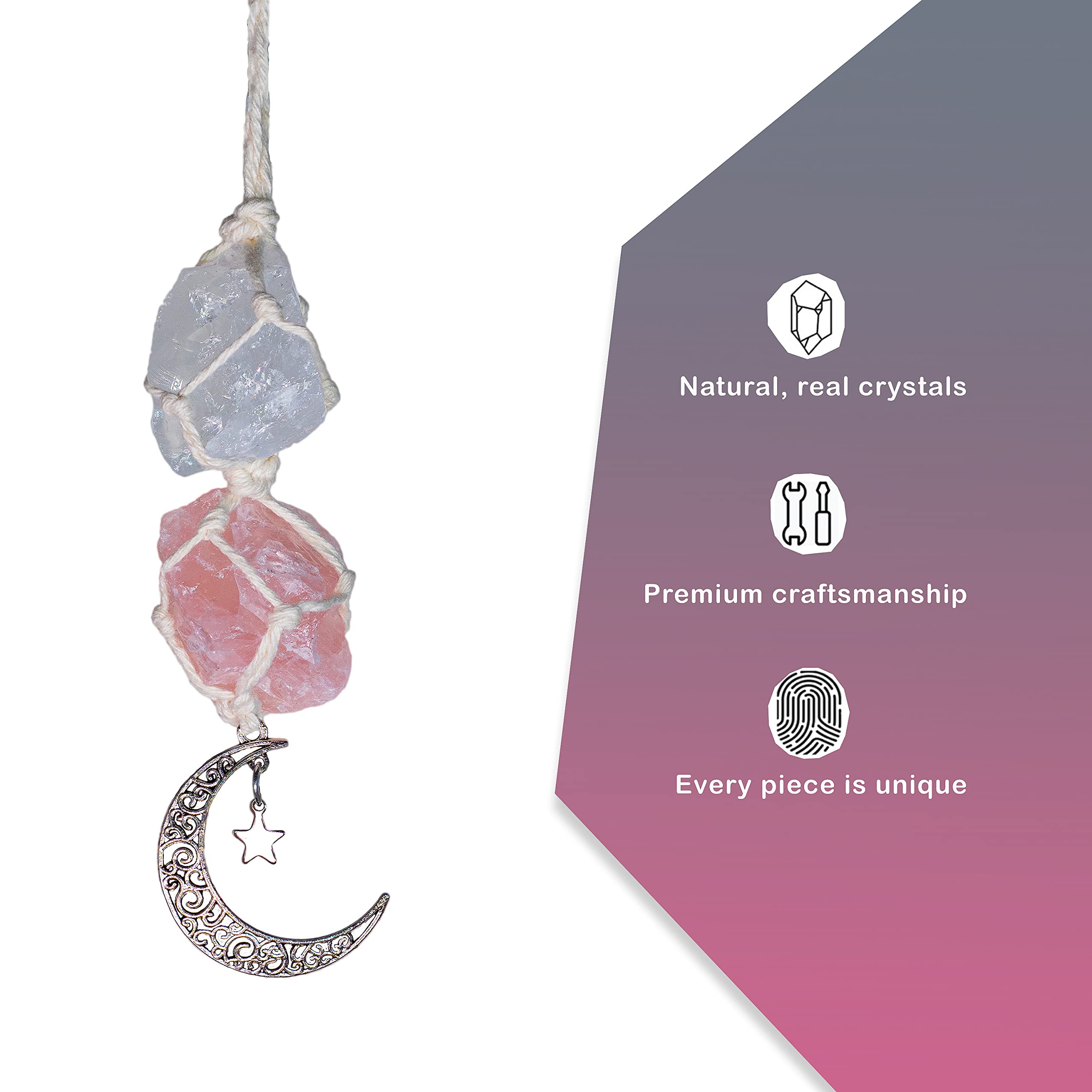 BOHO GARDEN Crystal Hanging Car Charm - Purple Rear View Mirror Hanging Car Accessories for Women, Moon Decor Hanging Ornament, Witchy Gifts and Healing Stones - Rose Quartz & Amethyst