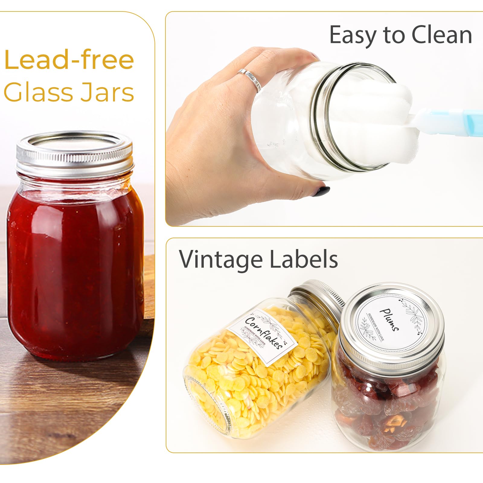 CycleMore 20 Pcs 12oz Glass Mason Jars With Silver Separable Lids, 350ml Round Canning Jars for Honey, Jam, Herb, Wedding Favor, Kitchen Storage Wide Mouth Bottles for Crafts, Meal Prep