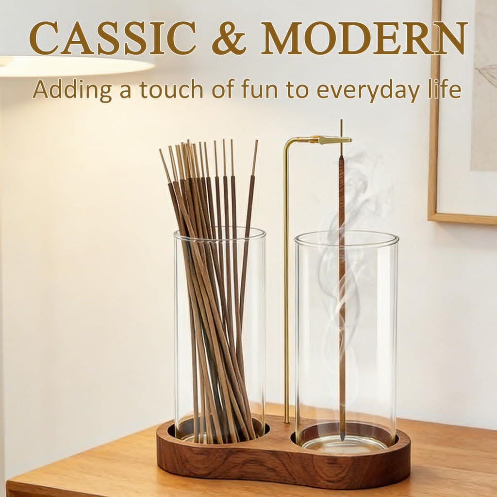 Ceremony Incense Holder, Wooden Incense Holder for Sticks with Glass Ash Catcher, Anti-ash Incense Burner with 20 Incense Sticks and a Ash Brush for Meditation Yoga Spa Room Decor