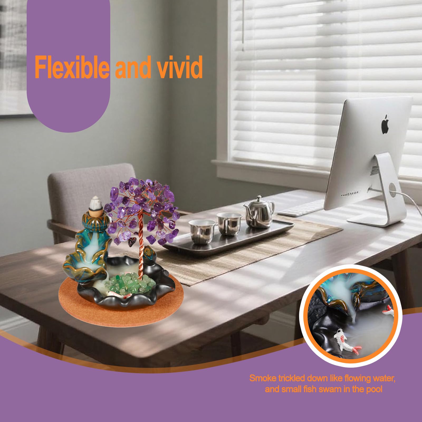 Waterfall Burner, Crystal Tree Backflow Incense Holder, with 30 Incense Cones, 30 Incense Stick, 1 Healing Crystal Necklace, Aromatherapy Anxiety Relief Items, Mom Gifts for Christmas