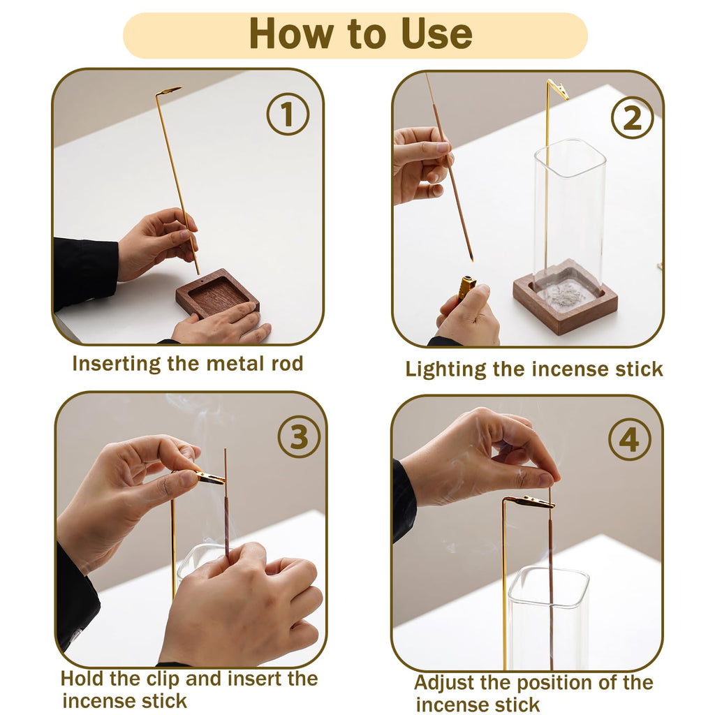 Ceremony Incense Holder, Wooden Incense Holder for Sticks with Glass Ash Catcher, Anti-ash Incense Burner with 20 Incense Sticks and a Ash Brush for Meditation Yoga Spa Room Decor