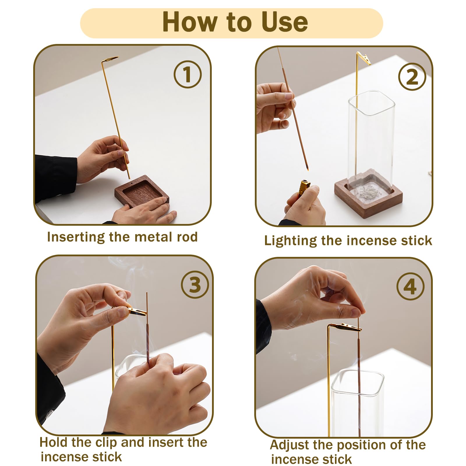 Ceremony Incense Holder, Wooden Incense Holder for Sticks with Glass Ash Catcher, Anti-ash Incense Burner with 20 Incense Sticks and a Ash Brush for Meditation Yoga Spa Room Decor