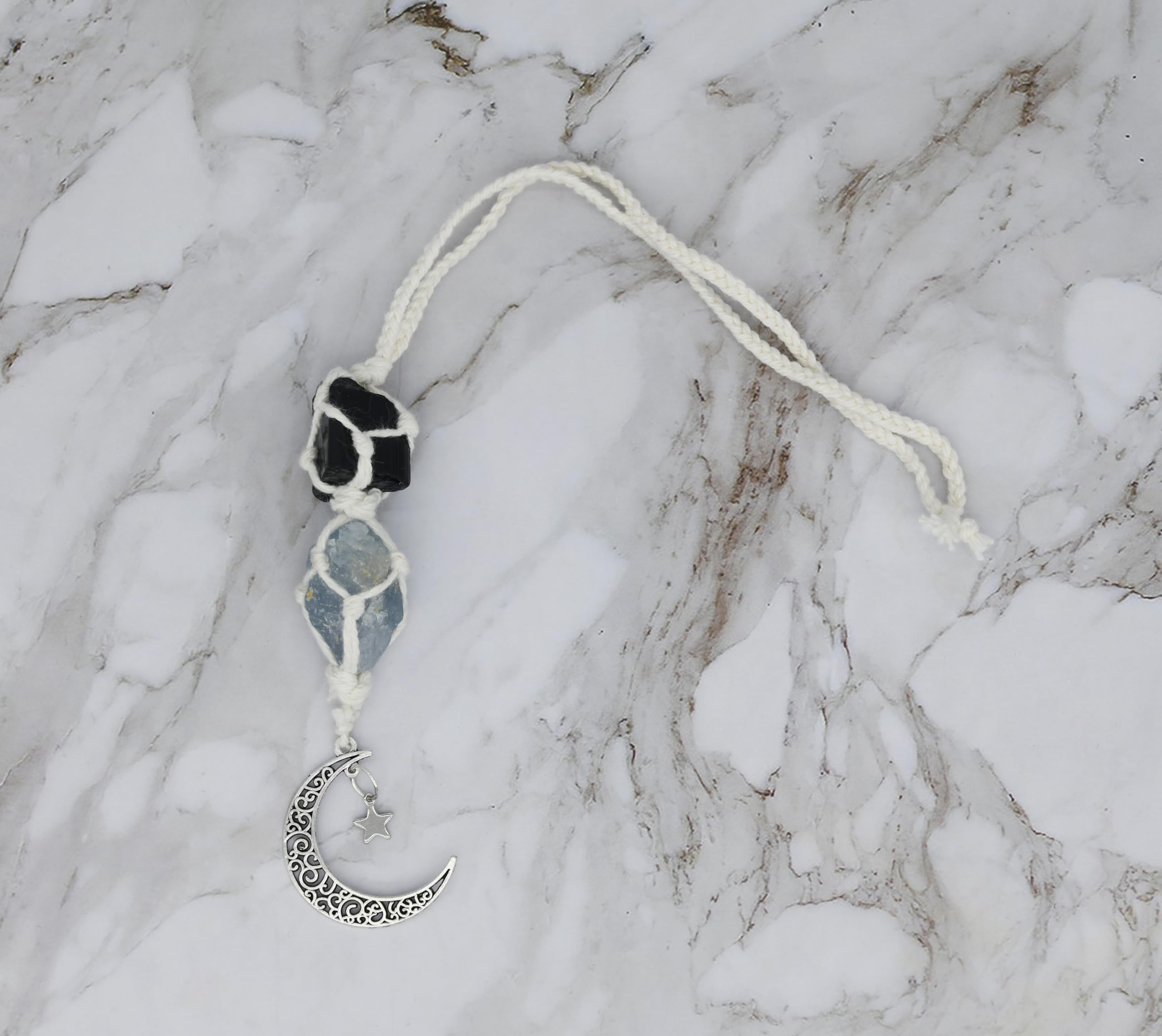 BOHO GARDEN Crystal Hanging Car Charm - Purple Rear View Mirror Hanging Car Accessories for Women, Moon Decor Hanging Ornament, Witchy Gifts and Healing Stones - Rose Quartz & Amethyst