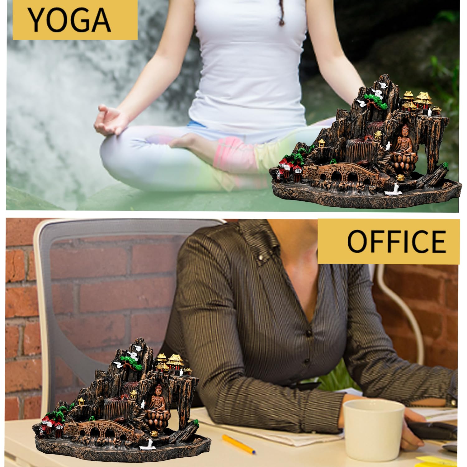 Mountain Waterfall Incense Burner，Backfall Incense Holder River, Incense Falls Meditation Decor for Room with Upgrade Incense Cones and Accessories (5in1 Palo Santo)