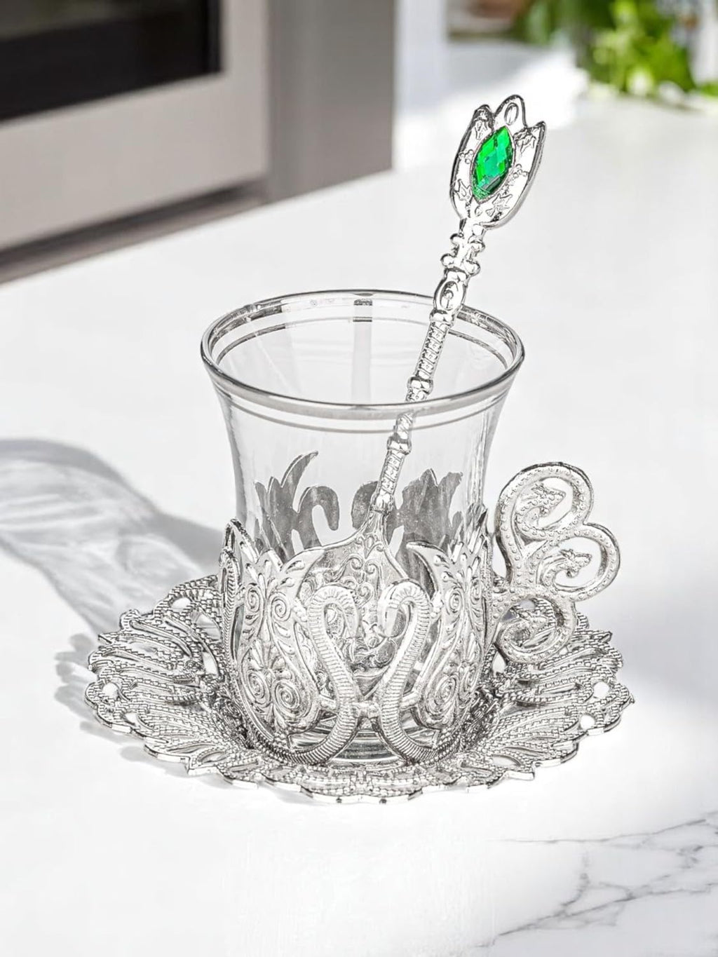 Alisveristime (SET OF 6 Handmade Turkish Tea Water Zamzam Serving Set Glasses Saucer and Spoon (Ottoman) (Gold)