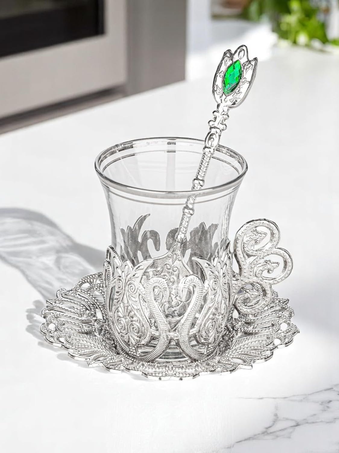 Alisveristime (SET OF 6 Handmade Turkish Tea Water Zamzam Serving Set Glasses Saucer and Spoon (Ottoman) (Gold)