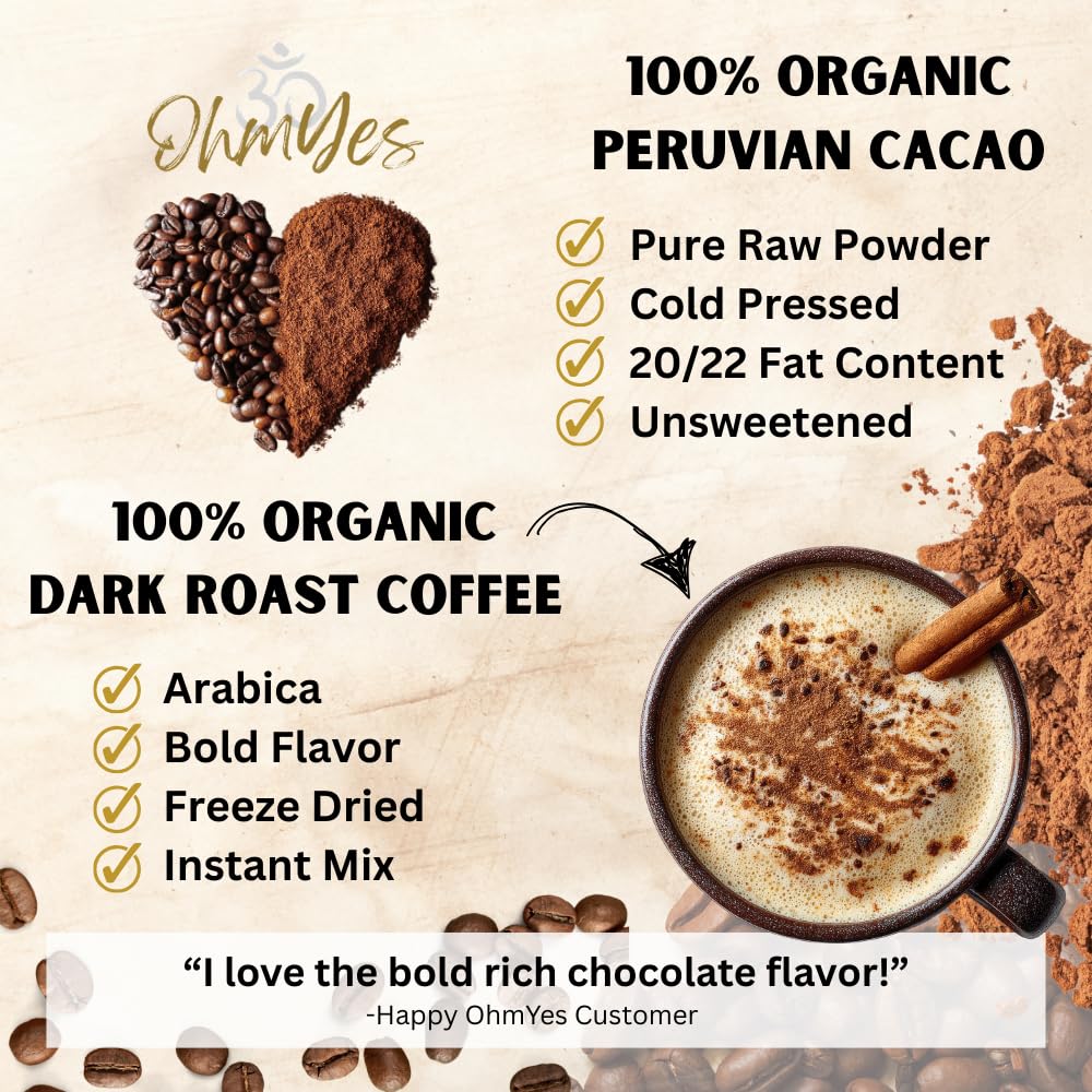 OhmYes Mocha Mushroom Coffee with Pure Cacao | Organic 11 Mushroom Adaptogen Blend (Lions Mane, Reishi, Chaga, Cordyceps) | Premium Chocolate Dark Roast Instant Coffee | Unsweetened | 7oz