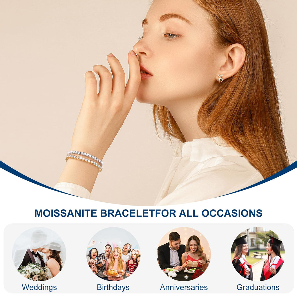 Moissanite Tennis Bracelet 1.79ct-8.69ct Adjustable Bracelet for Women 18K White Gold Plated S925 Sterling Silver Tennis Bracelet D Color VVS1 Round Cut 2/3/4mm Moissanite Bracelet Gifts for Wife/Mom