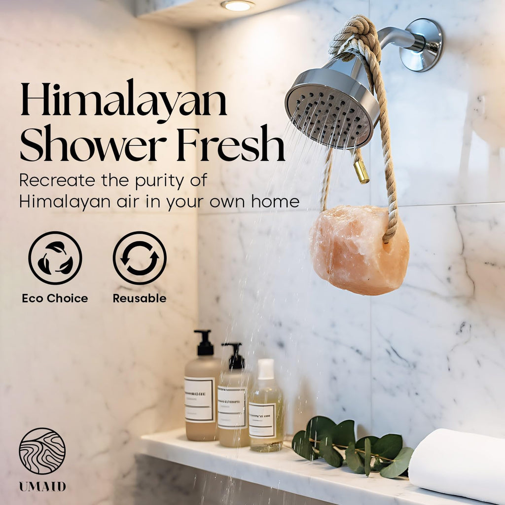 UMAID Himalayan Bath Salt Buddy™ 2 lb – Hanging Mineral Salt Rock for Shower & Bath, Solid Pink Himalayan Stone for Natural Steam, Relaxation & Spa-Like Self-Care, Unique Gift for Men & Women