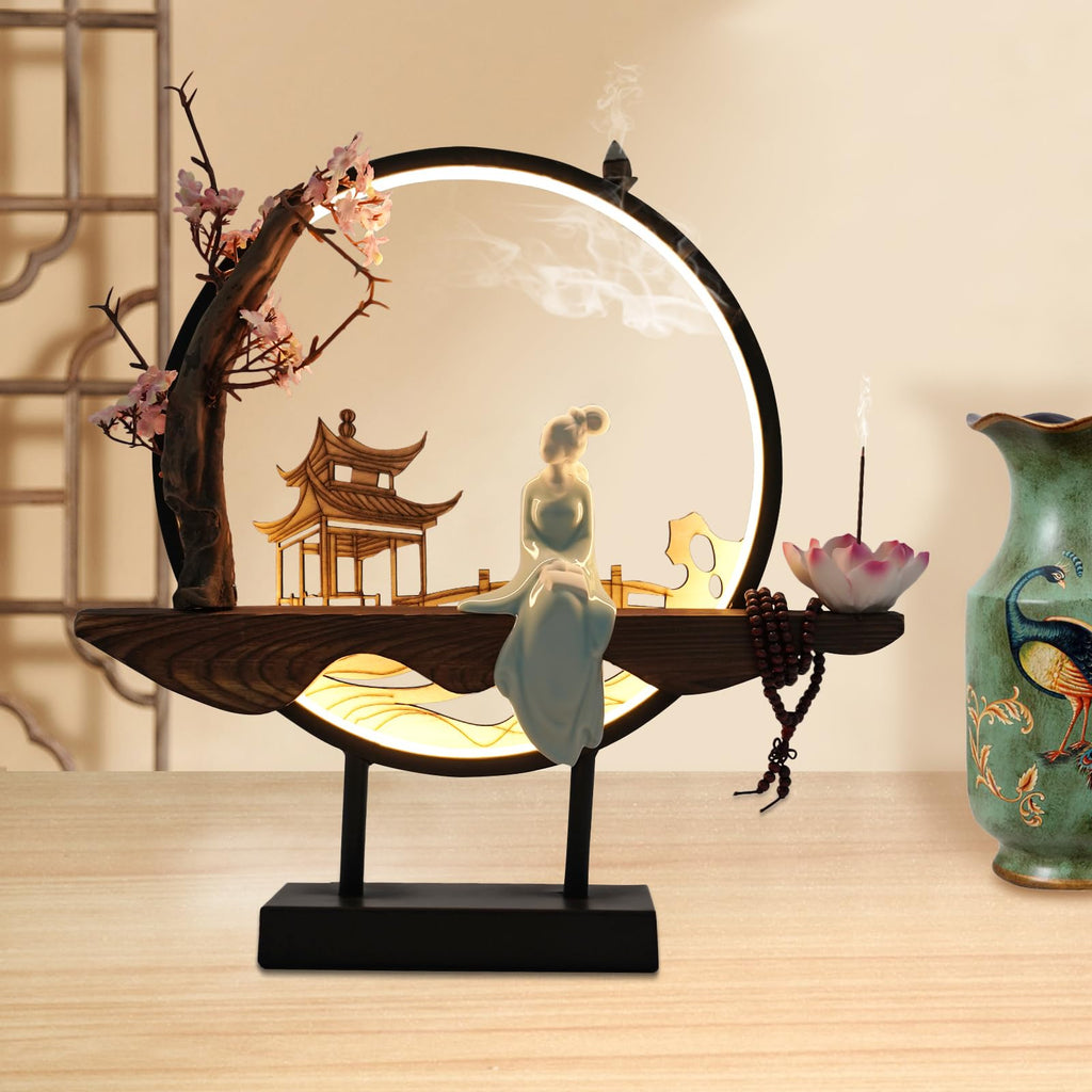 Backflow Incense Holder, Ceramic Incense Burner with Adjustable LED Light, Chinese Style Ornament Incense Holders with Backflow for Relaxing and Home Decor
